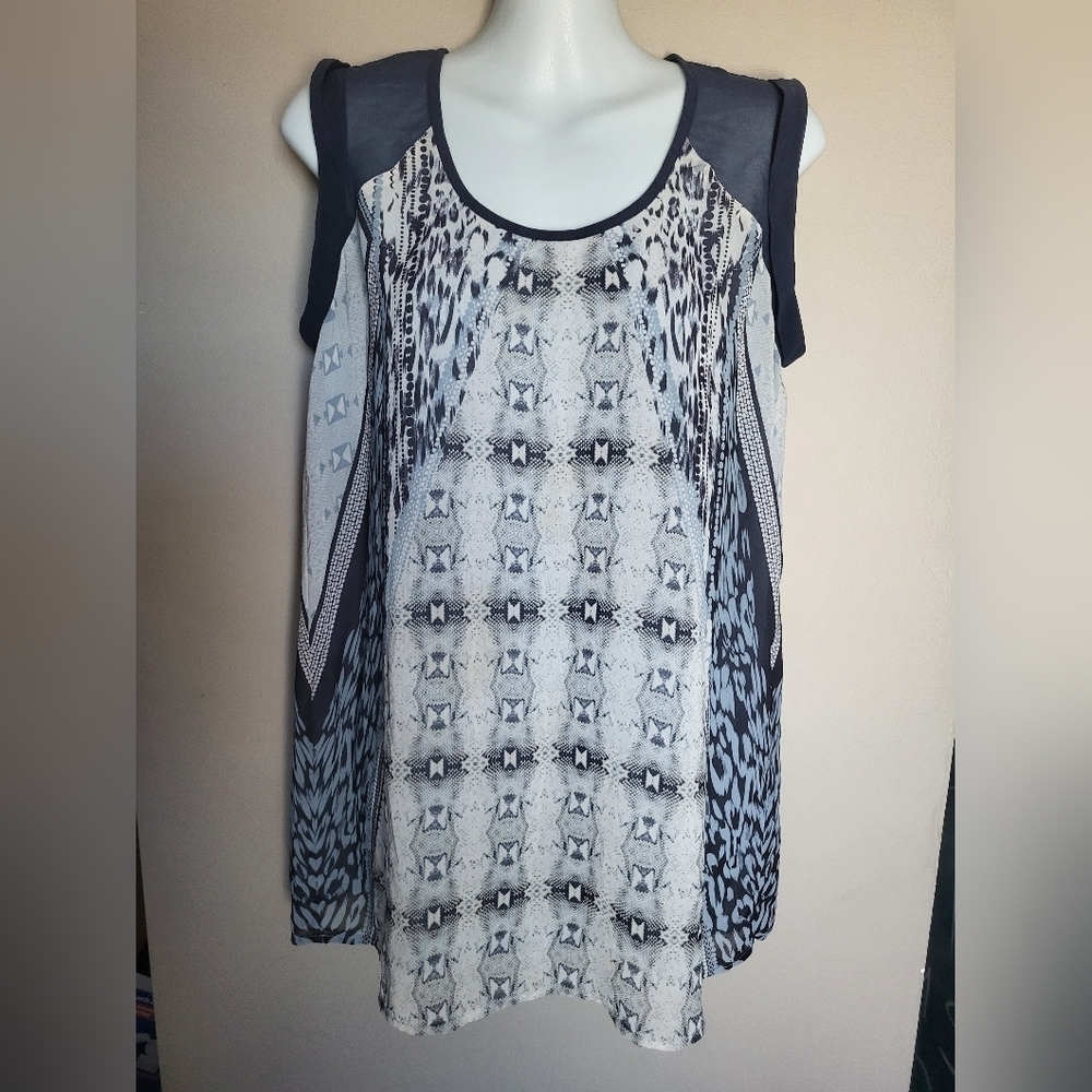 CAbi Black and Gray Patterned Blouse, Size Small